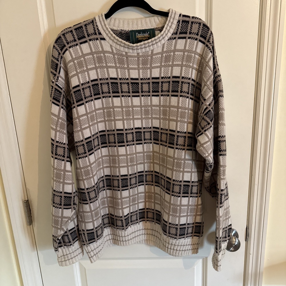 Dunbrooke Distinctive Images Beige Checkered Crewneck Knit Sweater Vintage Sz XL